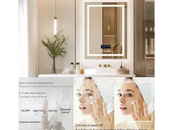 Espelho retangular iluminado para banheiro com LED regulável e 4 botões sensíveis ao toque - antiembaçante - 90x70cm