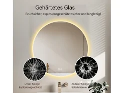 Espelho retrovisor redondo LED de 70 cm com função anti-embaciamento e 3 definições de temperatura - Vidro e metal prateado