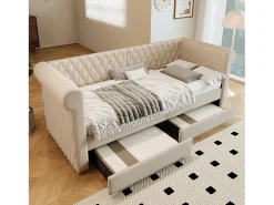 Espreguiçadeira com 2 gavetas em tecido de linho - 90x200cm - com base de ripas - Bege