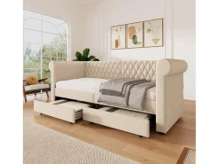 Espreguiçadeira com 2 gavetas em tecido de linho - 90x200cm - com base de ripas - Bege