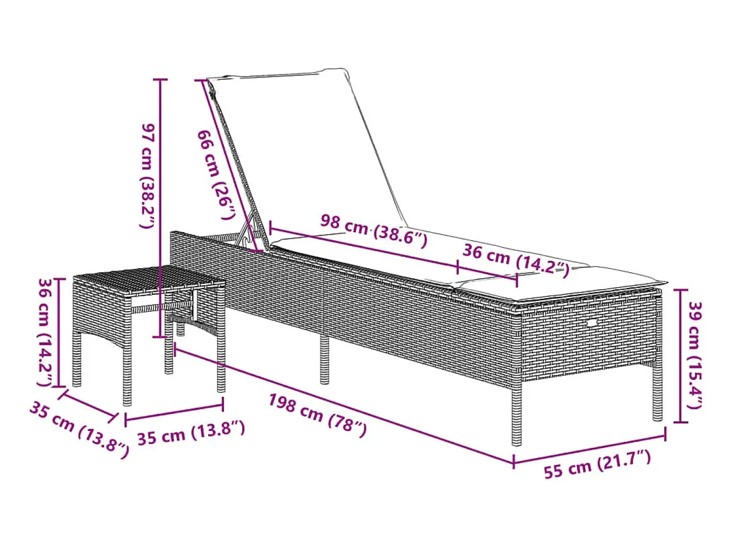 Espreguiçadeira com mesa e almofadão vime PE castanho