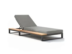 Espreguiçadeira de exterior para 1 pessoa - 184 x 79,5 x 73 cm - Chaise-longue com prateleira à direita - encosto reclinável - metal + madeira - cinza