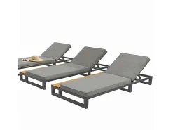 Espreguiçadeira de exterior para 1 pessoa - 184 x 79,5 x 73 cm - Chaise-longue com prateleira à direita - encosto reclinável - metal + madeira - cinza