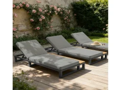 Espreguiçadeira de exterior para 1 pessoa - 184 x 79,5 x 73 cm - Chaise-longue com prateleira à esquerda - encosto reclinável - metal + madeira - cinza