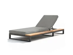 Espreguiçadeira de exterior para 1 pessoa - 184 x 79,5 x 73 cm - Chaise-longue com prateleira à esquerda - encosto reclinável - metal + madeira - cinza