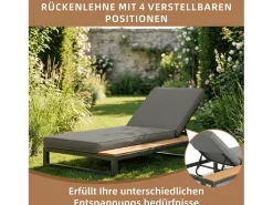 Espreguiçadeira de exterior para 1 pessoa - 184 x 79,5 x 73 cm - Chaise-longue com prateleira à esquerda - encosto reclinável - metal + madeira - cinza