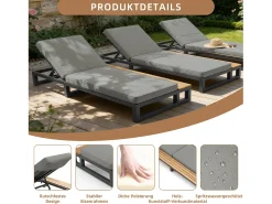 Espreguiçadeira de exterior para 1 pessoa - 184 x 79,5 x 73 cm - Chaise-longue com prateleira à esquerda - encosto reclinável - metal + madeira - cinza