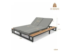 Espreguiçadeira de exterior para 1 pessoa - 184 x 79,5 x 73 cm - Chaise-longue com prateleira à esquerda - encosto reclinável - metal + madeira - cinza