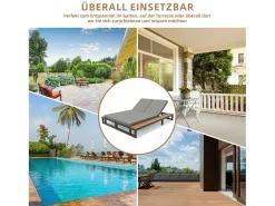 Espreguiçadeira de exterior para 1 pessoa - 184 x 79,5 x 73 cm - Chaise-longue com prateleira à esquerda - encosto reclinável - metal + madeira - cinza