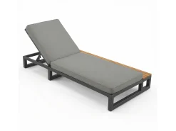 Espreguiçadeira de exterior para 1 pessoa - 184 x 79,5 x 73 cm - Chaise-longue com prateleira à esquerda - encosto reclinável - metal + madeira - cinza