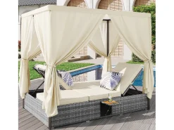 Espreguiçadeira de jardim para duas pessoas - com cortina de sombra - espreguiçadeira de ratã - com almofada e mesa dobrável - cinza