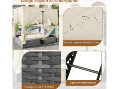 Espreguiçadeira de jardim para duas pessoas - com cortina de sombra - espreguiçadeira de ratã - com almofada e mesa dobrável - cinza