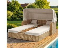 Espreguiçadeira de jardim com guarda-sol - poltrona relaxante - ilha de jardim em rattan com cobertura - metal - bege