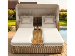 Espreguiçadeira de jardim com guarda-sol - poltrona relaxante - ilha de jardim em rattan com cobertura - metal - bege