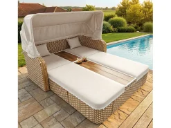 Espreguiçadeira de jardim com guarda-sol - poltrona relaxante - ilha de jardim em rattan com cobertura - metal - bege