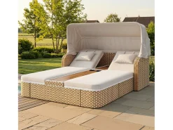 Espreguiçadeira de jardim com guarda-sol - poltrona relaxante - ilha de jardim em rattan com cobertura - metal - bege