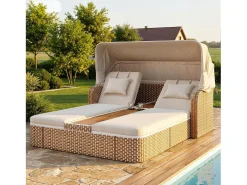Espreguiçadeira de jardim com guarda-sol - poltrona relaxante - ilha de jardim em rattan com cobertura - metal - bege