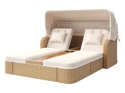Espreguiçadeira de jardim com guarda-sol - poltrona relaxante - ilha de jardim em rattan com cobertura - metal - bege