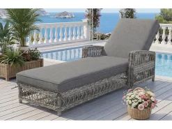 Espreguiçadeira de vime (1 peça) - 192 x 70 x 58 cm - com encosto ajustável + almofada removível - metal + plástico - cinza