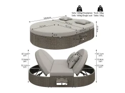 Espreguiçadeira dupla em vime - Espreguiçadeira de jardim com estrutura lateral - Ângulo ajustável individualmente - Com almofadas - 2 lugares - Cinza