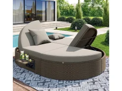 Espreguiçadeira dupla em vime - Espreguiçadeira de jardim com estrutura lateral - Ângulo ajustável individualmente - Com almofadas - 2 lugares - Cinza