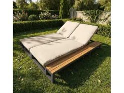 Espreguiçadeira dupla para exterior - 184 x 159 x 73 cm - Chaise-longue com prateleiras - encosto reclinável - metal + madeira - bege