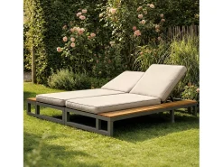 Espreguiçadeira dupla para exterior - 184 x 159 x 73 cm - Chaise-longue com prateleiras - encosto reclinável - metal + madeira - bege
