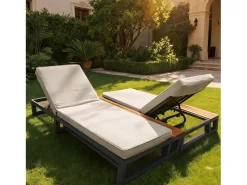 Espreguiçadeira dupla para exterior - 184 x 159 x 73 cm - Chaise-longue com prateleiras - encosto reclinável - metal + madeira - bege