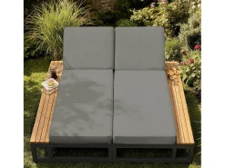 Espreguiçadeira dupla para exterior - 184 x 159 x 73 cm - Chaise-longue com prateleiras - encosto reclinável - metal + madeira - cinza
