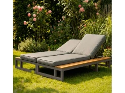 Espreguiçadeira dupla para exterior - 184 x 159 x 73 cm - Chaise-longue com prateleiras - encosto reclinável - metal + madeira - cinza