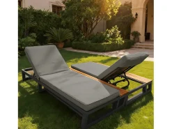 Espreguiçadeira dupla para exterior - 184 x 159 x 73 cm - Chaise-longue com prateleiras - encosto reclinável - metal + madeira - cinza