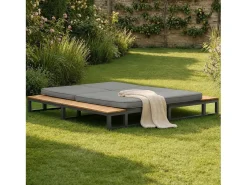 Espreguiçadeira dupla para exterior - 184 x 159 x 73 cm - Chaise-longue com prateleiras - encosto reclinável - metal + madeira - cinza