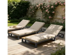 Espreguiçadeira individual para exterior - 184 x 79,5 x 73 cm - Chaise-longue com prateleira à direita - encosto reclinável - metal e madeira - bege