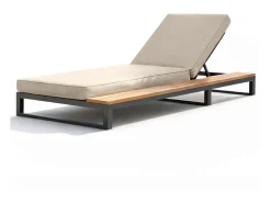Espreguiçadeira individual para exterior - 184 x 79,5 x 73 cm - Chaise-longue com prateleira à esquerda - encosto reclinável - metal e madeira - bege