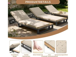 Espreguiçadeira individual para exterior - 184 x 79,5 x 73 cm - Chaise-longue com prateleira à esquerda - encosto reclinável - metal e madeira - bege