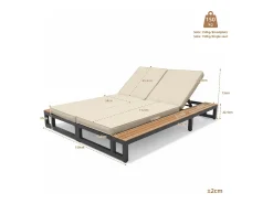 Espreguiçadeira individual para exterior - 184 x 79,5 x 73 cm - Chaise-longue com prateleira à esquerda - encosto reclinável - metal e madeira - bege