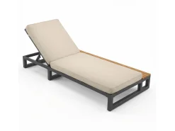 Espreguiçadeira individual para exterior - 184 x 79,5 x 73 cm - Chaise-longue com prateleira à esquerda - encosto reclinável - metal e madeira - bege