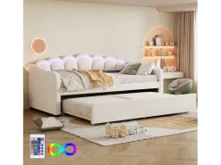 Espreguiçadeira 90x200cm com LED + cama de gavetão 90x190cm - estofada em tecido veludo - Bege (colchão não incluído)