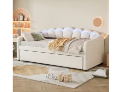 Espreguiçadeira 90x200cm com LED + cama de gavetão 90x190cm - estofada em tecido veludo - Bege (colchão não incluído)