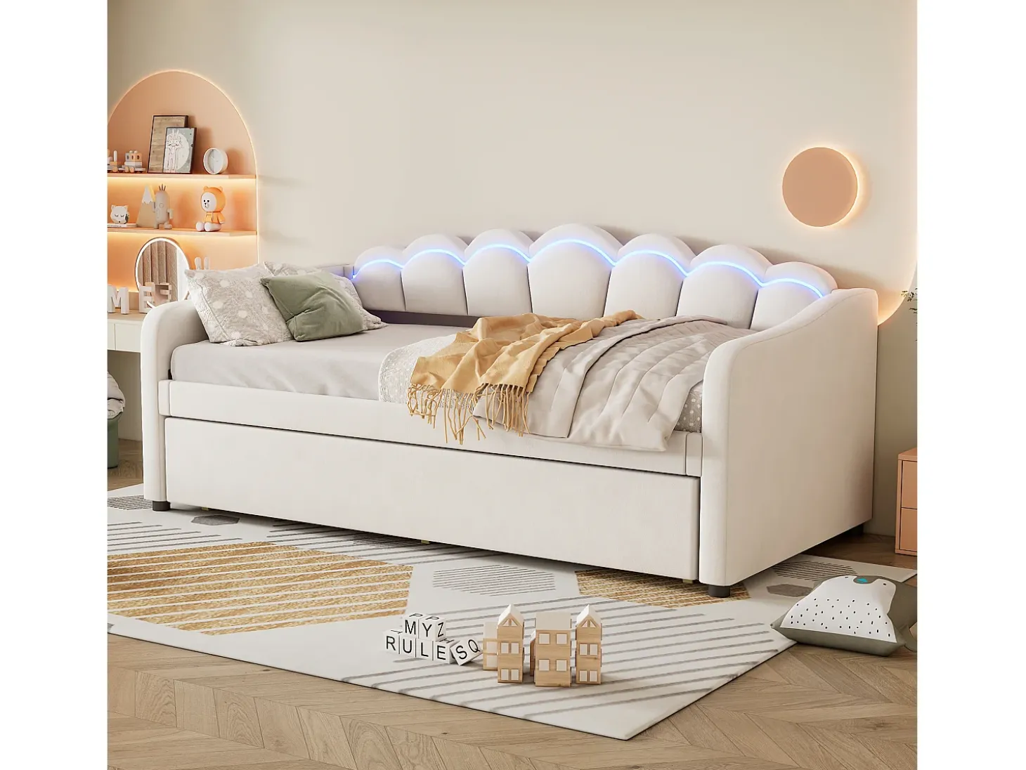 Espreguiçadeira 90x200cm com LED + cama de gavetão 90x190cm - estofada em tecido veludo - Bege (colchão não incluído)