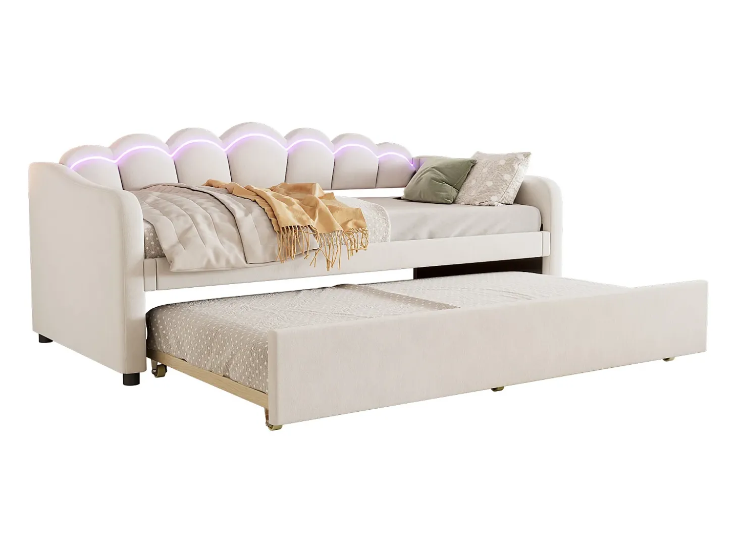 Espreguiçadeira 90x200cm com LED + cama de gavetão 90x190cm - estofada em tecido veludo - Bege (colchão não incluído)