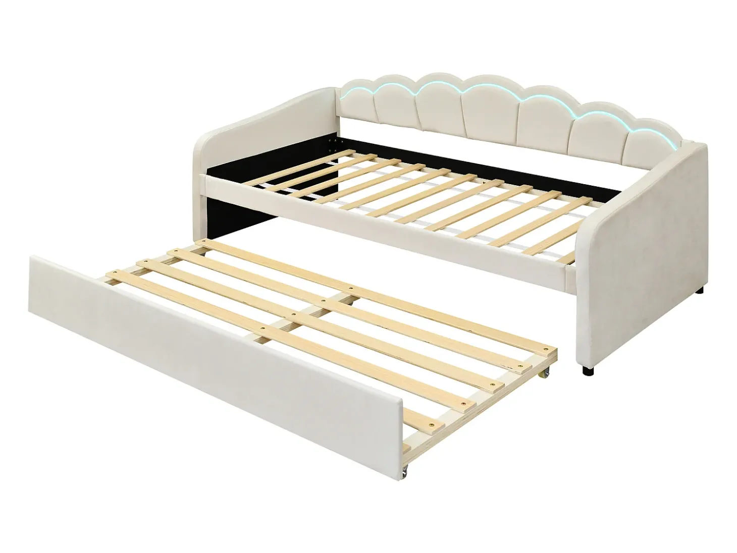Espreguiçadeira 90x200cm com LED + cama de gavetão 90x190cm - estofada em tecido veludo - Bege (colchão não incluído)
