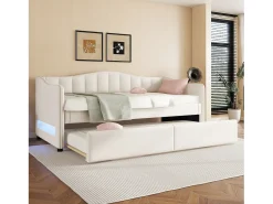 Espreguiçadeira 90x200cm com LED + cama de gavetão 90x190cm - estofada em tecido de linho - Bege (colchão não incluído)