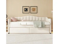 Espreguiçadeira 90x200cm com LED + cama de gavetão 90x190cm - estofada em tecido de linho - Bege (colchão não incluído)