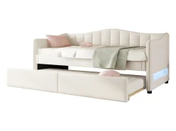 Espreguiçadeira 90x200cm com LED + cama de gavetão 90x190cm - estofada em tecido de linho - Bege (colchão não incluído)