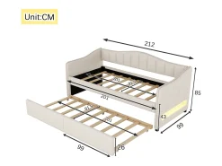 Espreguiçadeira 90x200cm com LED + cama de gavetão 90x190cm - estofada em tecido de linho - Bege (colchão não incluído)