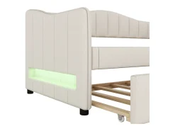 Espreguiçadeira 90x200cm com LED + cama de gavetão 90x190cm - estofada em tecido de linho - Bege (colchão não incluído)