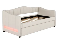 Espreguiçadeira 90x200cm com LED + cama de gavetão 90x190cm - estofada em tecido de linho - Bege (colchão não incluído)