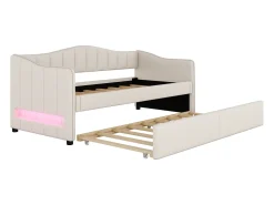Espreguiçadeira 90x200cm com LED + cama de gavetão 90x190cm - estofada em tecido de linho - Bege (colchão não incluído)