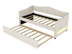 Espreguiçadeira 90x200cm com LED + cama de gavetão 90x190cm - estofada em tecido de linho - Bege (colchão não incluído)